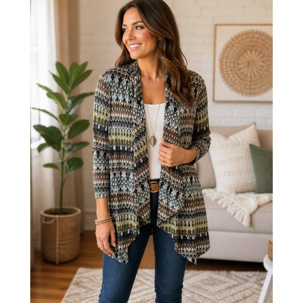 Susan Graver Boho Waterfall Cardigan L Geometric Open Front Stretch
